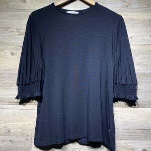 Pearl by Lela Rose Blouse Top Womens Sz Large Navy Blue Puff Smocked 1/2 Sleeve